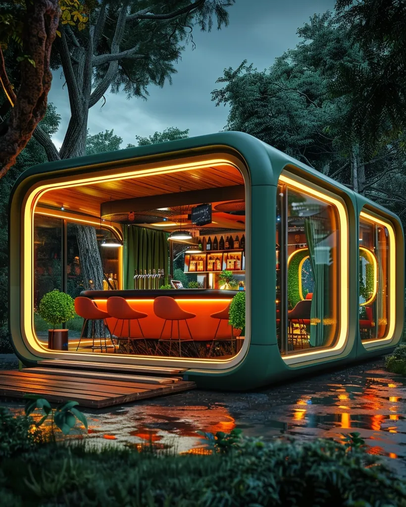 A futuristic bar sits nestled in a lush forest, illuminated by warm, inviting lights. The bar, with its sleek green exterior and rounded corners, features large windows showcasing a vibrant interior with an orange bar and stools. The surrounding foliage adds a touch of natural beauty, while the wet ground suggests a recent rain shower. The scene exudes a sense of tranquility and sophistication, making it an ideal spot for a relaxing drink.