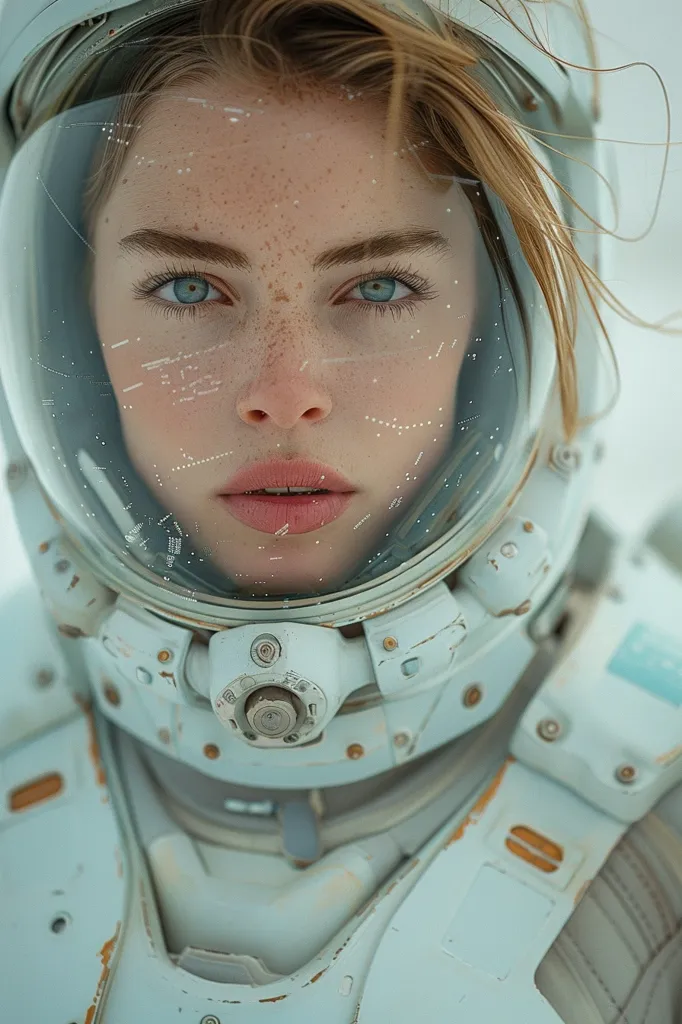 A young woman with freckles looks intensely at the camera. She is wearing a white astronaut helmet with a worn and weathered exterior. The helmet's visor is down, revealing a glimpse of her piercing blue eyes and determined expression. The image evokes a sense of exploration and determination, suggesting a journey into the unknown.