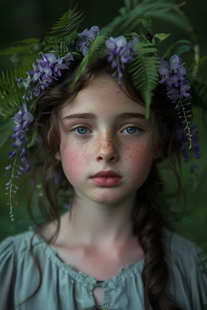 A girl wearing a crown made from wisteria on her head, surrounded with Wood ferns, in the nature, Saint John's Festival, no freckles on her face, in the style of fawncore, polished metamorphosis, commercial imagery, spot metering, hasselblad hc 100mm f/2.2, ultra realisatic image, uhd, close up shot, european influence, light navy and dark gray --ar 85:128 --v 6.0 --style raw