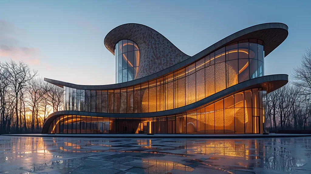 The image shows a modern building with a curved glass facade. The building is illuminated from within, creating a warm glow. The building is set against a backdrop of trees and a twilight sky. The reflection of the building in the wet ground creates a symmetrical and appealing composition. The building appears to be a museum or a cultural center.