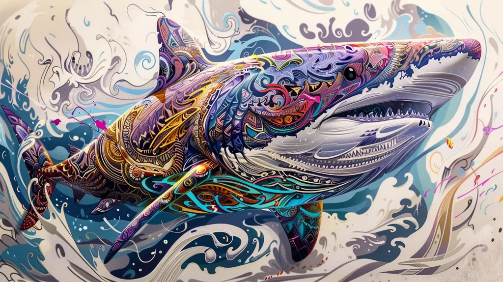 A large, white shark is depicted in an abstract style. Its body is covered in intricate, colorful patterns reminiscent of tribal art. The background is a swirling mix of blue, white, and gray, suggesting the ocean. The shark's open mouth with rows of sharp teeth and its powerful body make it a formidable and captivating subject.  The artwork blends realism with stylized design, creating a unique and striking image.