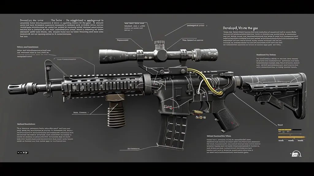 A detailed, illustrated diagram of a black rifle with a scope, showing its components and workings. The rifle is labeled with the name "Derelepd, Write the gas," and various descriptions of its features are given in text. The diagram is set against a grey background.