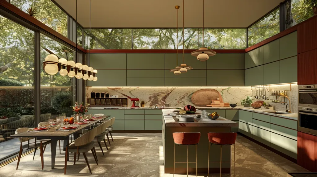 A modern kitchen with a large island and green cabinets. The kitchen has a marble backsplash, stainless steel appliances, and a large window that overlooks a lush green garden. The kitchen is illuminated by a variety of light fixtures, including a chandelier and pendant lights. A long dining table with chairs is set up adjacent to the kitchen, making it an inviting and functional space.