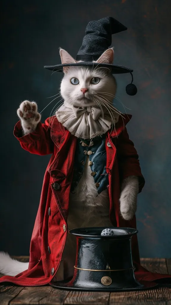 A white cat dressed in a red coat and a black witch's hat, complete with a white ruffled collar and a waistcoat, stands beside a top hat on a wooden surface. The cat's eyes are wide with a mischievous glint, as it appears to be ready to perform a magic trick.  A sense of whimsy and playfulness fills the image.  The dark background enhances the contrast and creates a dramatic setting.