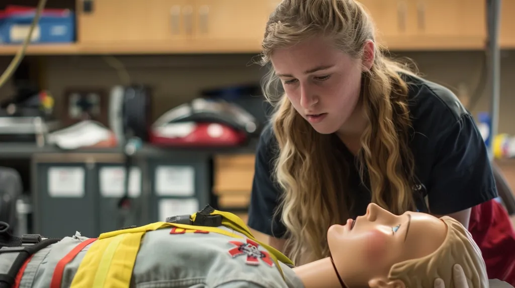 A young woman with long blonde hair is performing CPR on a training dummy. She is wearing a black shirt and is focused on her task. The dummy is lying on its back and is wearing a yellow and grey uniform with a red cross patch. The woman is working in a brightly lit room with a variety of objects in the background.  She appears to be a medical student or someone learning CPR.