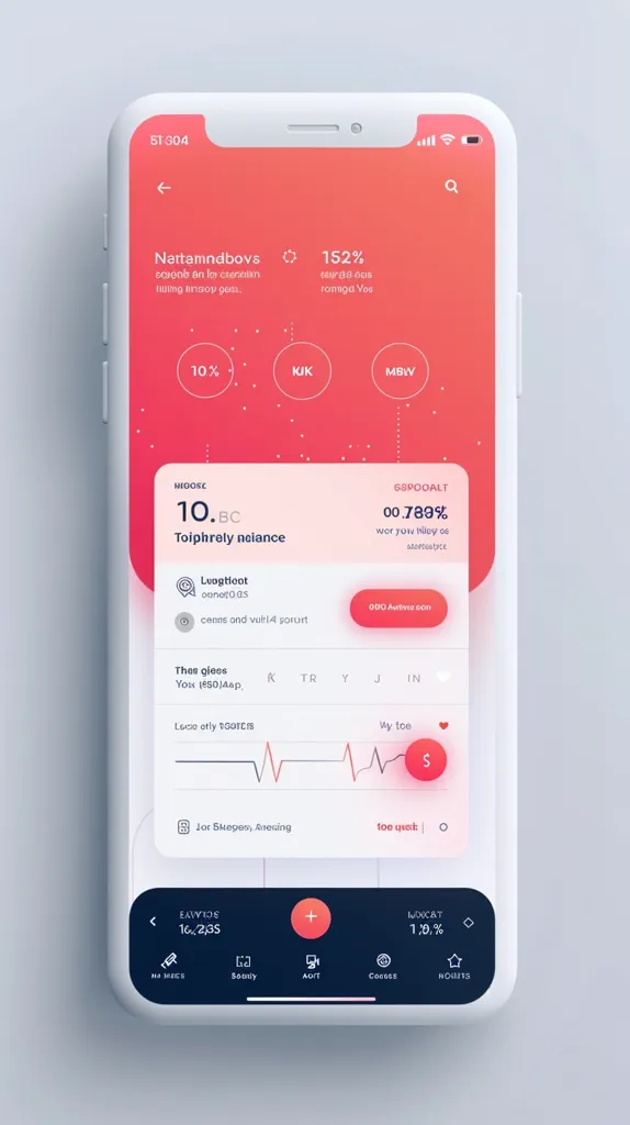 The image shows a smartphone screen displaying a financial app. It has a red gradient background, with various data points and charts, including a line graph that shows a fluctuating value. The app also includes buttons for different functions, such as "Add" and "Course." The overall design is clean and modern, with a focus on presenting data in a visually appealing way.