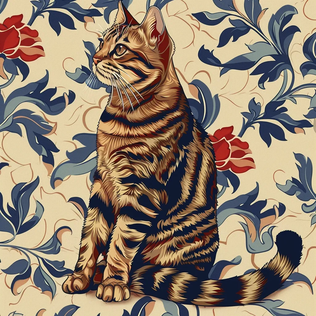 A tabby cat sits on a cream background with a blue and red floral pattern. It is looking up and to the left of the image. The cat's fur is detailed and its tail is curled behind it. The floral pattern is intricate and fills the background of the image.  The overall effect is one of elegance and beauty.