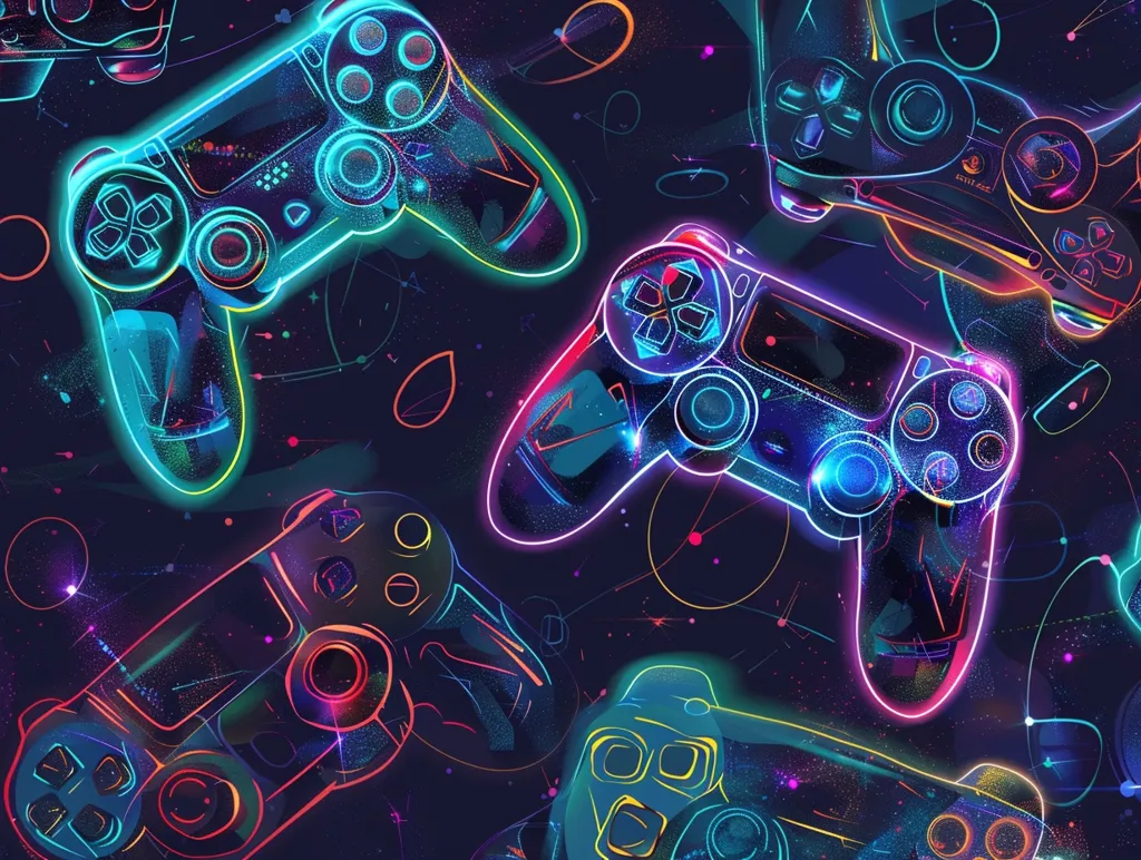 The image is a neon-colored illustration of four video game controllers. They are set against a dark blue background with scattered neon dots and circles. The controllers are in different positions, but they all appear to be glowing brightly. The image is vibrant and eye-catching.