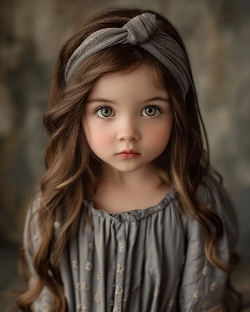 A young girl with long, wavy brown hair wears a gray headband and a simple gray dress with small white floral embroidery. She stares directly at the camera with large, expressive green eyes and a serious expression. The background is a soft, blurred, neutral color.
