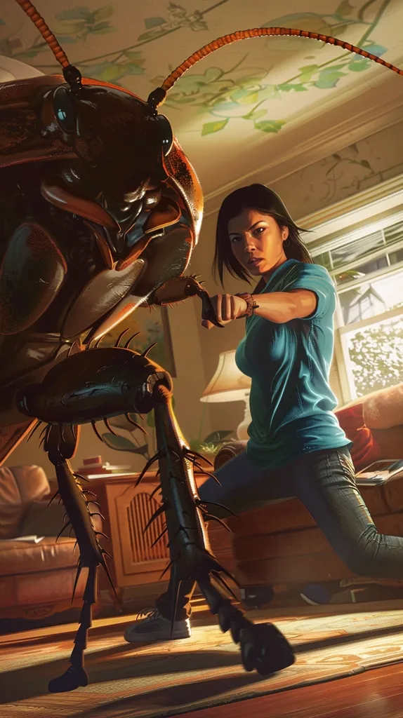 A woman in a blue shirt and jeans stands in a living room, facing a giant cockroach. The woman has a determined expression on her face and is holding her fist up, ready to fight. The cockroach is massive, with spindly legs and sharp claws. The scene is set in a domestic setting, with furniture and a window in the background. The image is a dramatic and surreal representation of a common household pest, elevated to a monstrous scale.