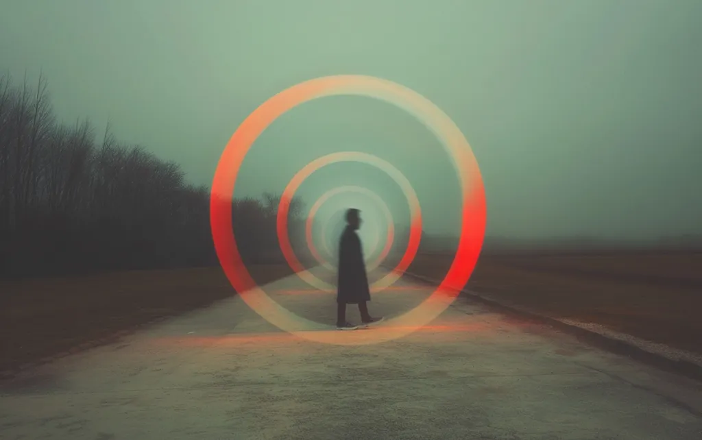A lone figure walks down a path surrounded by a ring of red light. The path is in a fog-filled landscape, and the figure is blurred and surrounded by concentric circles of light. The image evokes a sense of mystery and isolation.