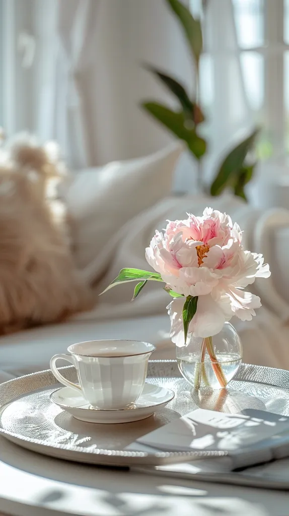 A delicate white teacup and saucer sit on a silver tray, next to a bouquet of pink peonies in a glass vase. The tray is set on a white table, with soft sunlight streaming through the window. A fluffy white throw pillow and a book lie nearby, creating a serene and elegant atmosphere.