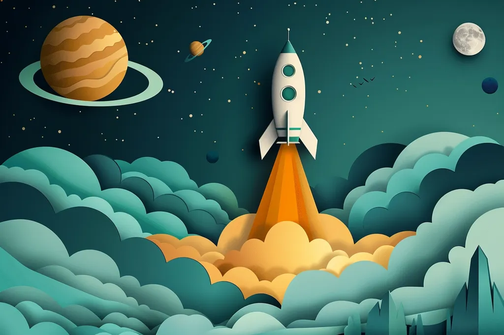 A white rocket with blue accents blasts off into a starry night sky, leaving a trail of orange flames behind it. The rocket is surrounded by fluffy, paper-like clouds, and a large, ringed planet can be seen in the distance. The scene has a whimsical and playful aesthetic, reminiscent of a children's book illustration. The rocket's journey into the unknown evokes a sense of wonder and excitement.