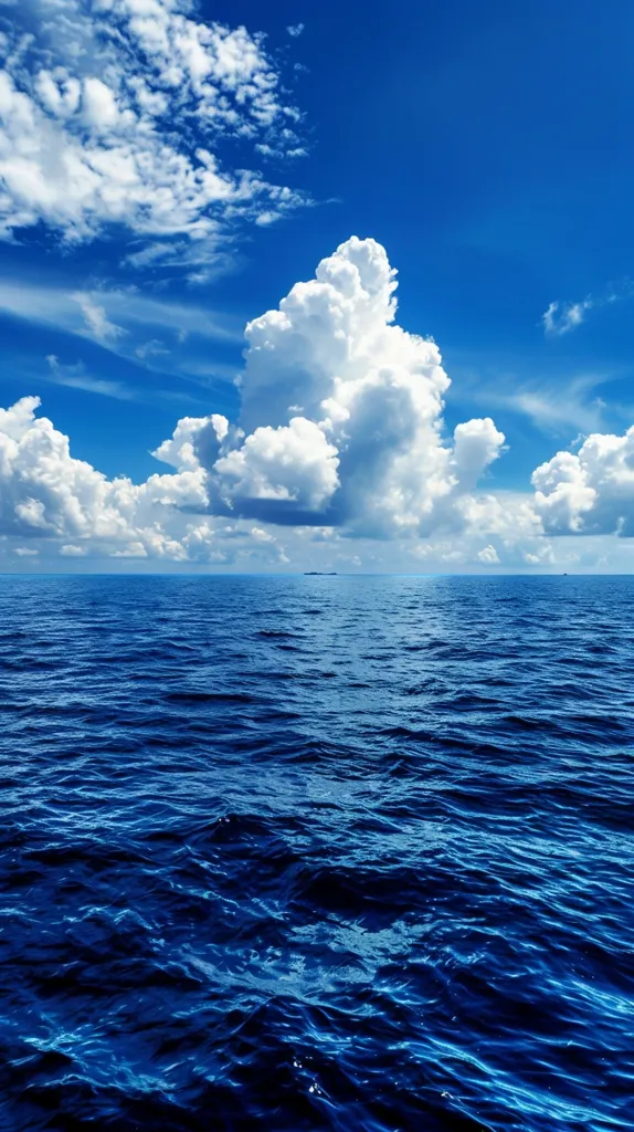 The image shows a vast expanse of deep blue ocean, stretching out to the horizon. Above, a bright blue sky is dotted with fluffy white clouds, including one large cumulus cloud in the center. The scene is calm and peaceful, with only a few ripples on the water's surface.