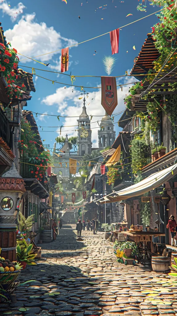 The image depicts a cobblestone street in a medieval town, lined with quaint buildings decorated with colorful banners and hanging plants. The street stretches towards a distant church with twin spires, and the scene is bathed in warm sunlight. The air is filled with festive decorations, adding to the charming ambiance of the town.  The scene suggests a bustling marketplace, with a few people visible on the street and shops and vendors on both sides. The cobblestone street is worn and uneven, adding to the charm of the scene.