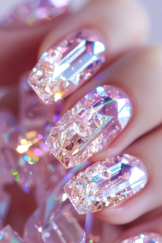 A close-up of a hand with several fingers adorned with shimmering pink and iridescent nail art. The nails are covered in small, glittery crystals that reflect the light, creating a dazzling effect. The overall image is delicate and feminine, emphasizing the beauty and detail of the nail art.