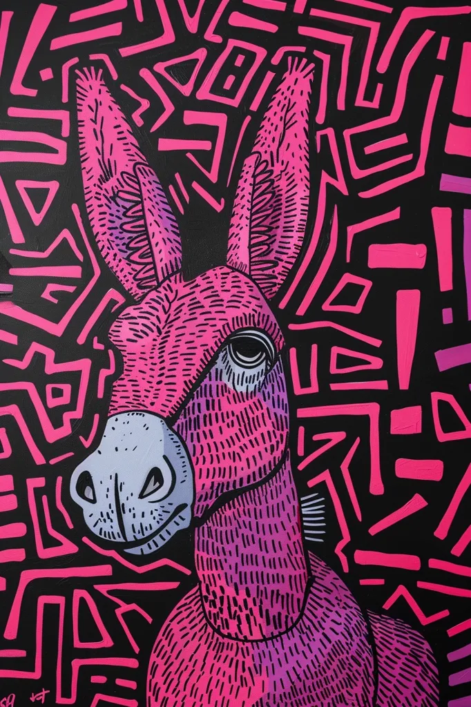 A close-up of a pink donkey's head. The donkey is rendered in a graphic style, with hatched lines and bold colours. The background is black, with a pattern of pink and purple geometric shapes. The donkey's expression is slightly mischievous.  It appears to be a modern pop art piece, created with bold colours and strong lines.