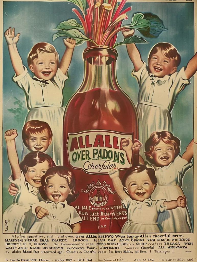 A vintage advertisement for "All-All Over Padons Cheerful"  features a bottle of red liquid with a bunch of red and green stalks growing out of the top. Six smiling children surround the bottle. The advertisment is in German and Dutch, and promises a cheerful experience for all.