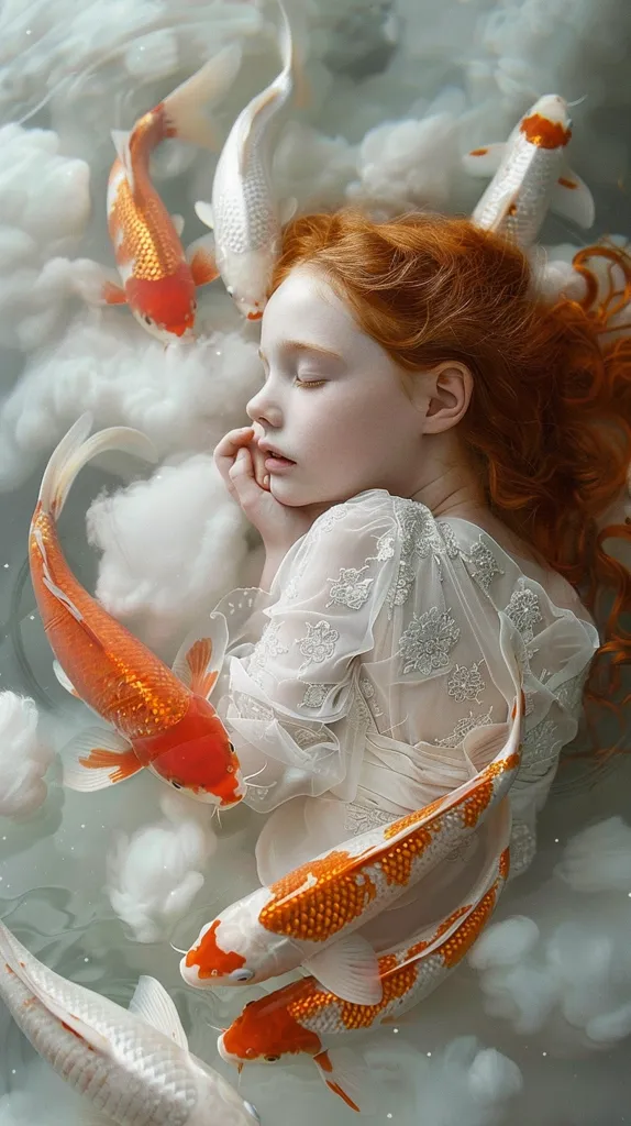A young girl with long, red hair sleeps peacefully in a bathtub filled with white clouds and orange and white koi fish. She wears a delicate white dress, and her face is pale and serene. The image evokes a sense of tranquility and innocence.