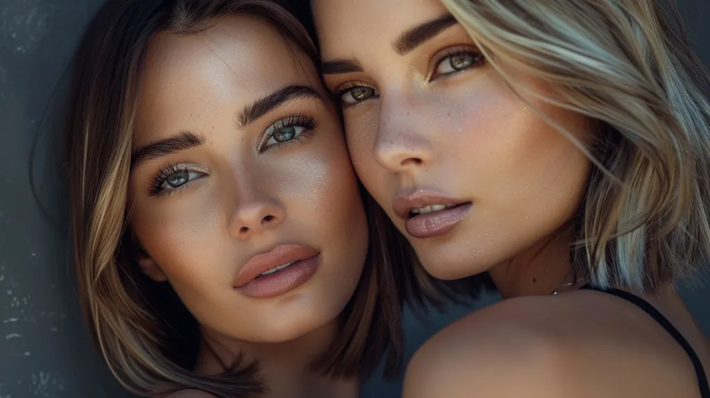 Two women with their faces close together. The woman in the foreground has long, brown hair, and the woman in the background has blonde hair. Both women have similar features, including large eyes and full lips. They look at the camera with an intense gaze, creating a sense of intimacy and closeness. The lighting is soft and warm, highlighting their skin and features. Their makeup is subtle and natural, enhancing their beauty.