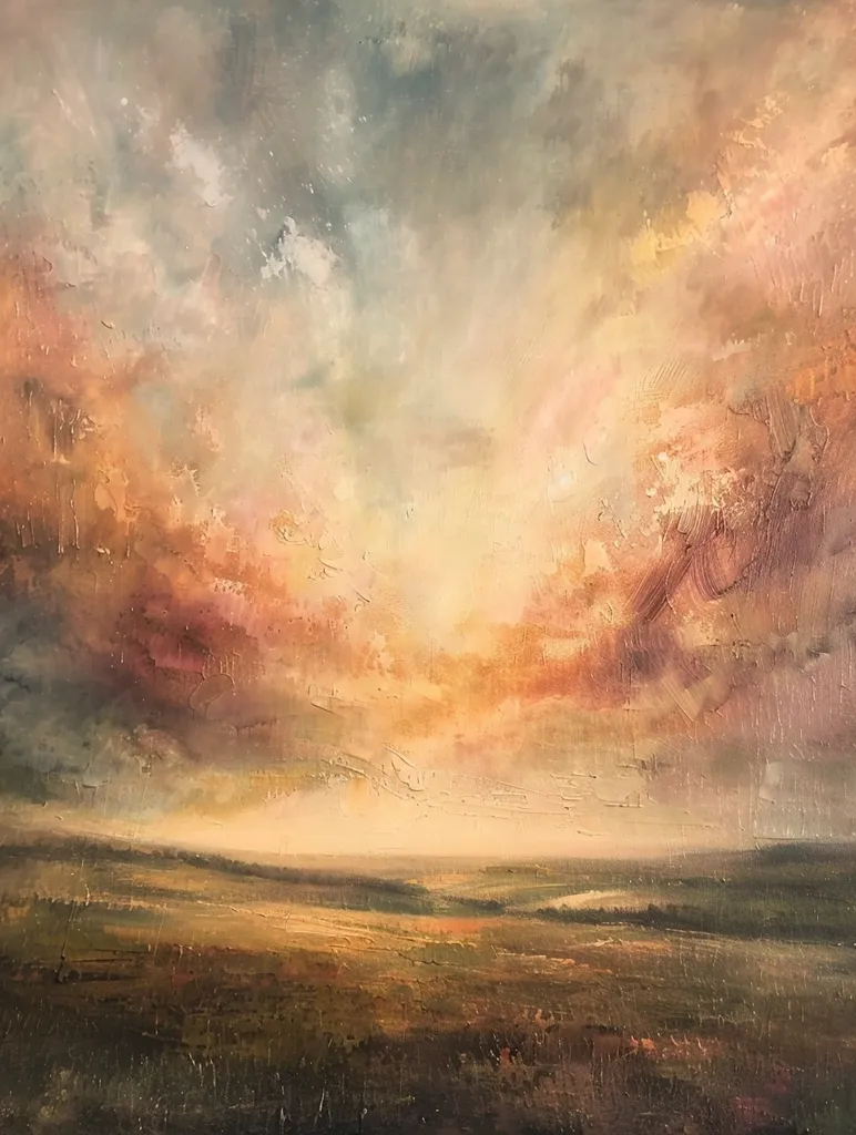 A painting depicting a vast, open landscape with a dramatic sky. The sky is a mix of soft pinks, oranges, and blues, with clouds that appear to be dissipating.  The land is a muted green and brown, suggesting a rolling field or a meadow. A sliver of a river can be seen in the distance.  The overall tone of the painting is serene and peaceful.