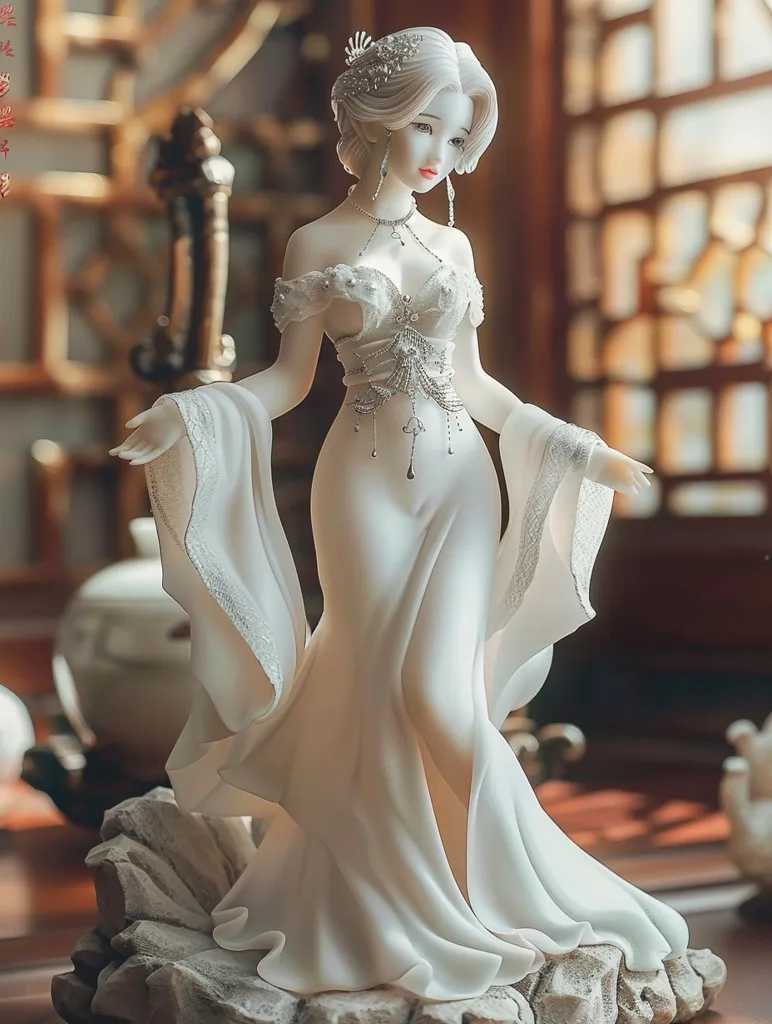 A white porcelain statue of a woman in a flowing gown stands on a rock base. Her long, flowing hair is adorned with delicate silver jewelry. Her face is serene, and her eyes are closed. The statue is set against a background of a traditional Chinese interior, with ornate wooden furniture and a window with a view of a garden.  The statue is crafted with meticulous detail, capturing the grace and beauty of the female form. The soft lighting and serene pose create a sense of tranquility and elegance.
