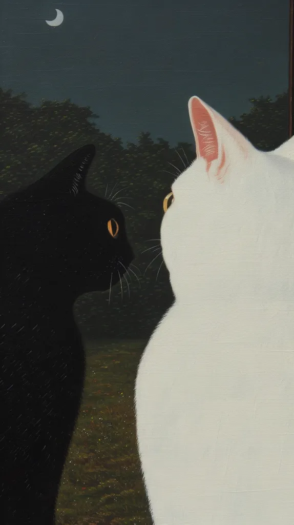 The image depicts a black cat and a white cat standing side by side, with a crescent moon in the sky above. The black cat is on the left and the white cat is on the right. The cats are both looking in the same direction. The background is a dark green forest with a light blue sky. The image is painted in a realistic style.