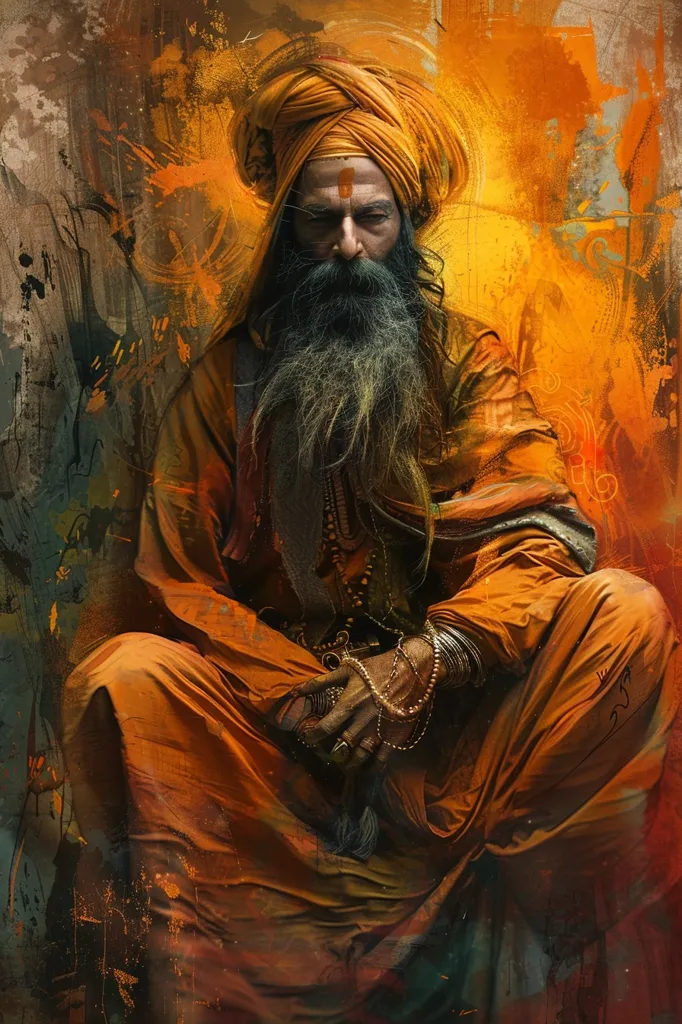 A man with a long white beard and a bright orange turban sits with his legs crossed. He wears an orange robe and many gold bracelets. The background is a blurred mix of orange, brown and yellow. The man's expression is serious and contemplative. His eyes are deep-set and his gaze is steady. The image is painted in a realistic style with a touch of abstract expressionism. The overall feel of the image is one of spirituality and serenity.