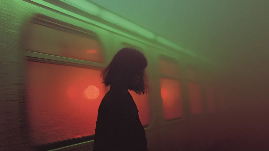 A young woman with short, dark hair stands in front of a train car with large windows. The windows are illuminated with a warm red glow, while the train car is bathed in a soft green light. The scene is hazy and atmospheric, with the woman's silhouette standing out against the colorful background.