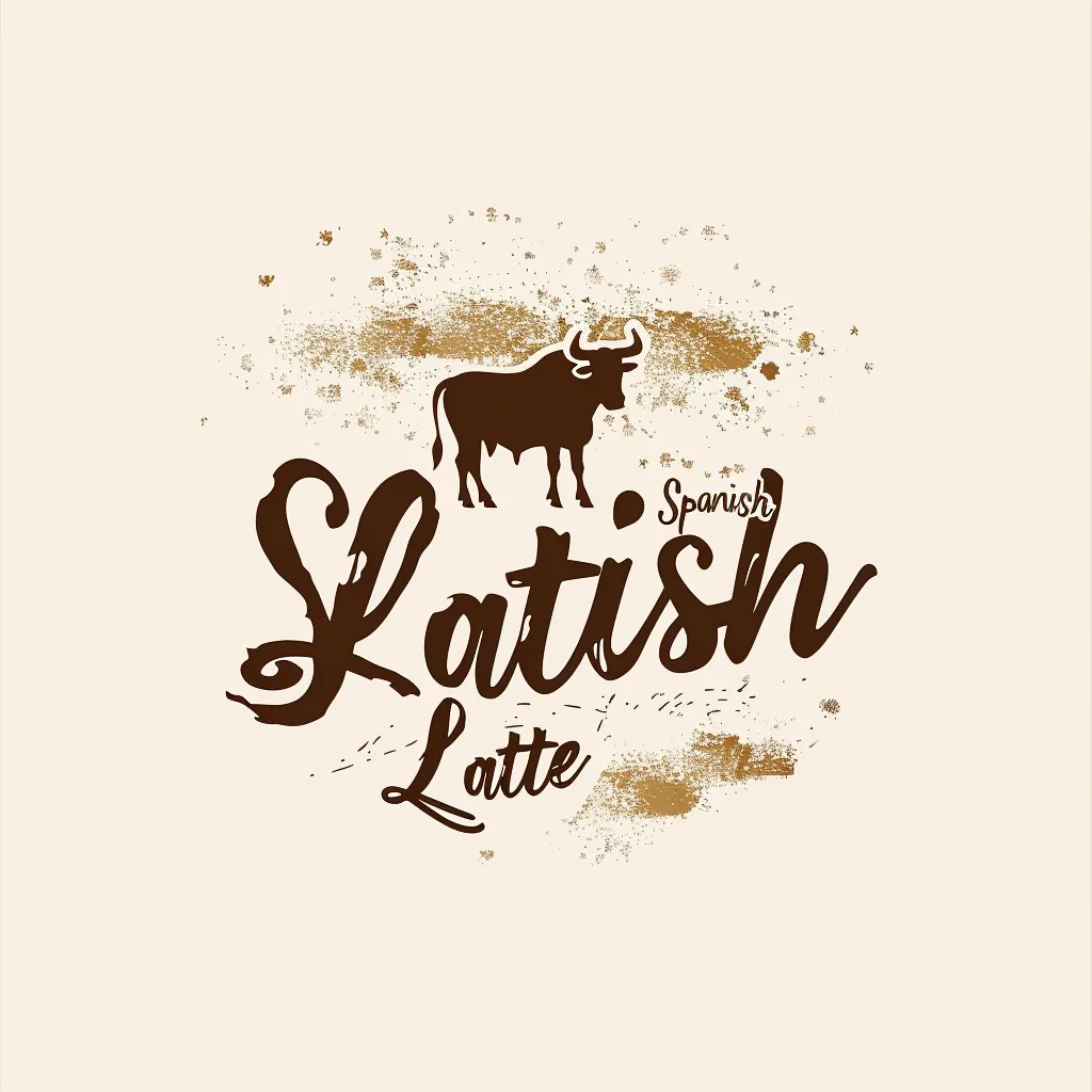 The image is a logo for a coffee drink called "Spanish Latish Latte". It features a silhouette of a bull in the center, surrounded by a brown splatter pattern reminiscent of coffee grounds. The words "Spanish Latish Latte" are written in a stylized, cursive font below the bull. The logo evokes a sense of Spanish culture and the richness of coffee.