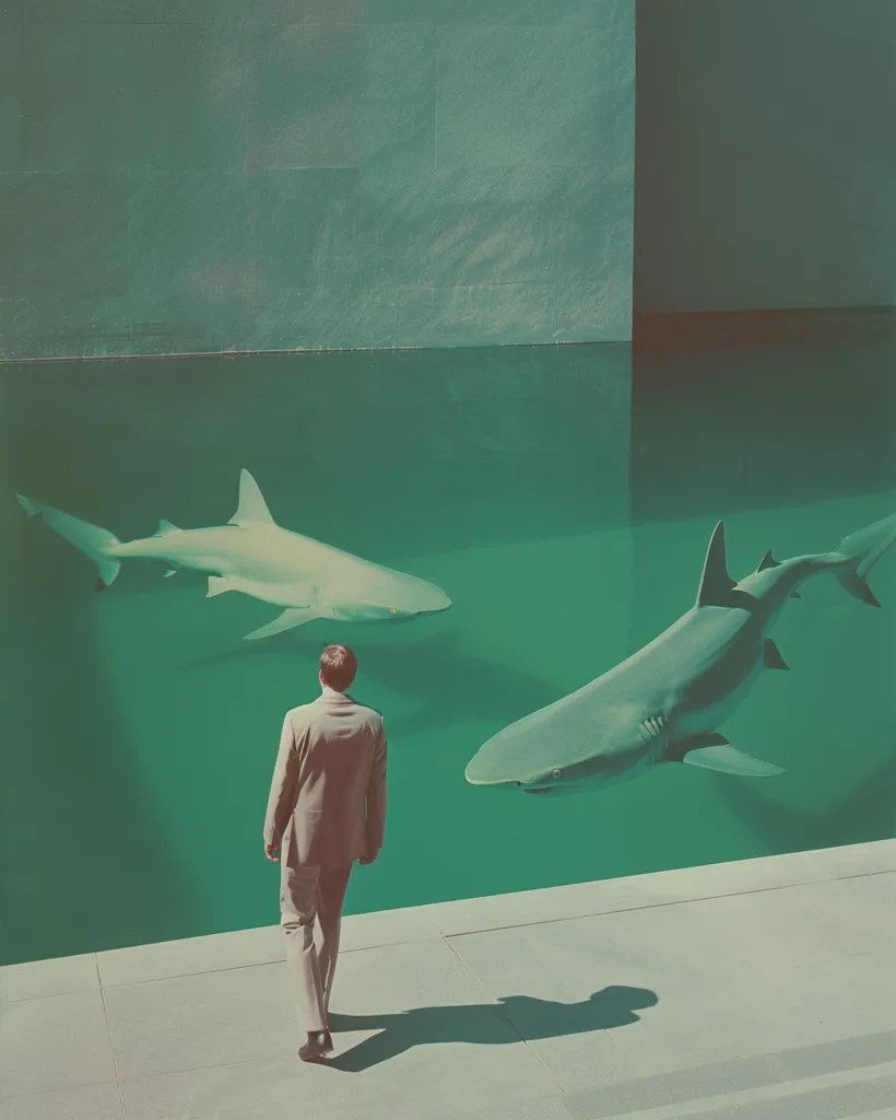 A man in a suit stands on a concrete ledge overlooking a pool of turquoise water.  Two large, white sharks swim in the pool, one closer to the man than the other. The image is a surreal juxtaposition of the ordinary and the dangerous, creating a sense of unease and intrigue. The color palette is muted and calming, yet the sharks suggest a hidden threat.