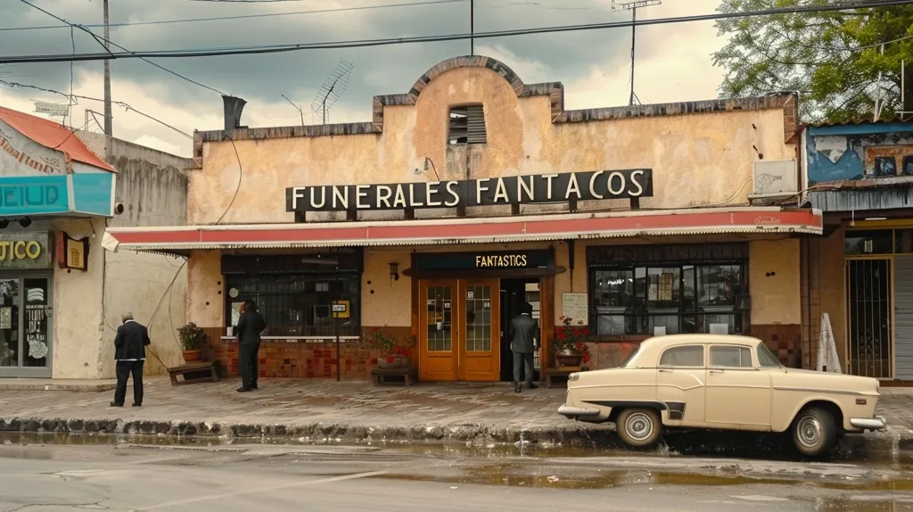 A beige vintage car is parked in front of a storefront with a sign that reads "Funerales Fantacos." The building has a brown awning and a brown door with a smaller sign that reads "Fantastics." There is a man standing in front of the door, and a second man is walking towards the left side of the image. The storefront is flanked by another building on the left. It is a cloudy day and the street is wet.