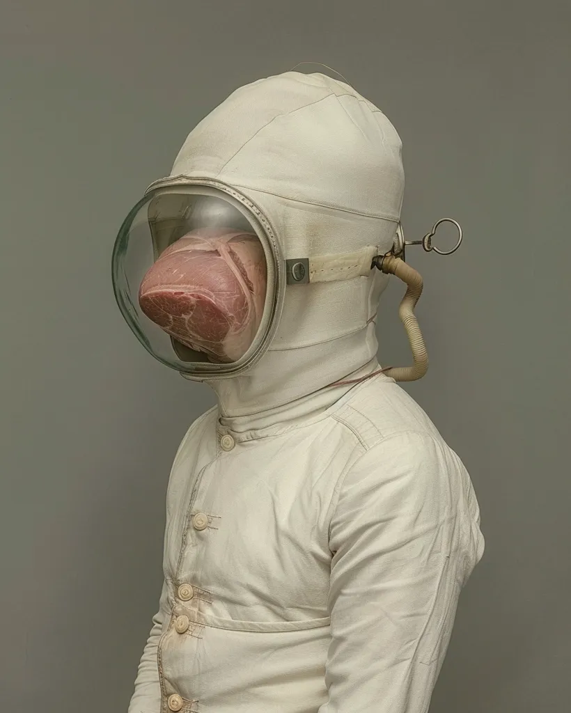 A person wearing a white space suit with a large, clear helmet. The helmet has a piece of raw meat, visible inside, covering the person's face.  The suit is dirty and worn, with a few buttons visible. The person is facing away from the camera. The background is a plain gray. The image is surreal and slightly disturbing.