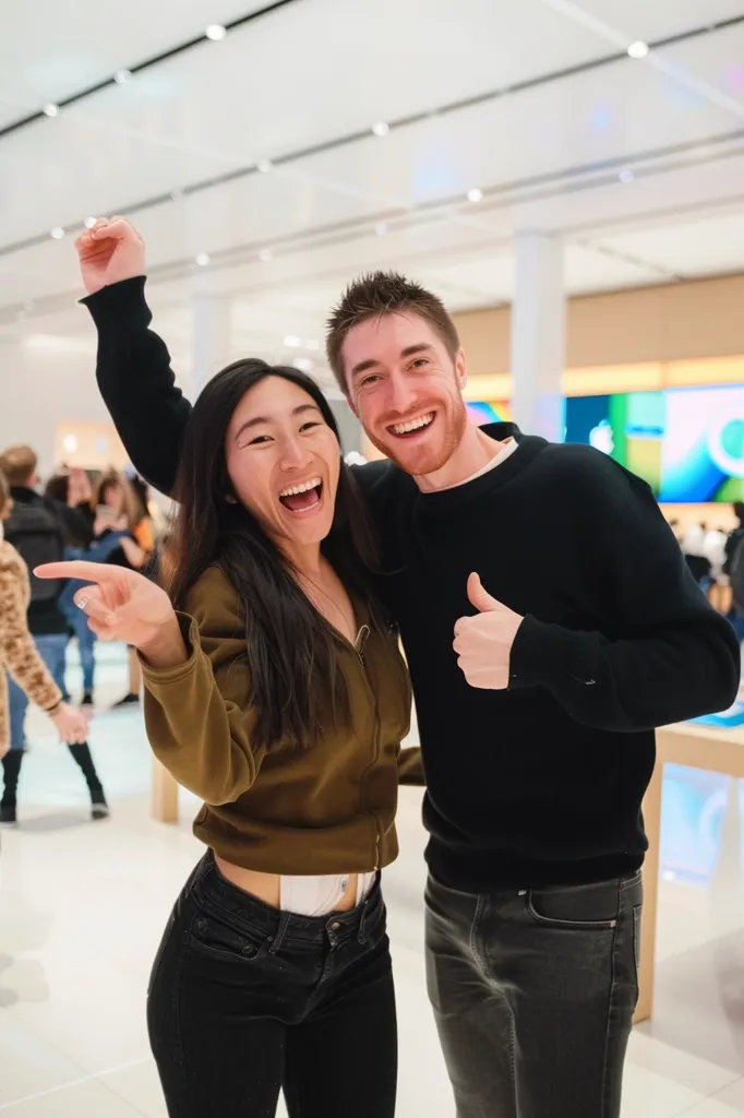 A man and woman are smiling and giving thumbs up in a brightly lit store. The woman is wearing a brown sweater and black jeans while the man is wearing a black sweater and dark jeans. The background shows other people shopping in the store.