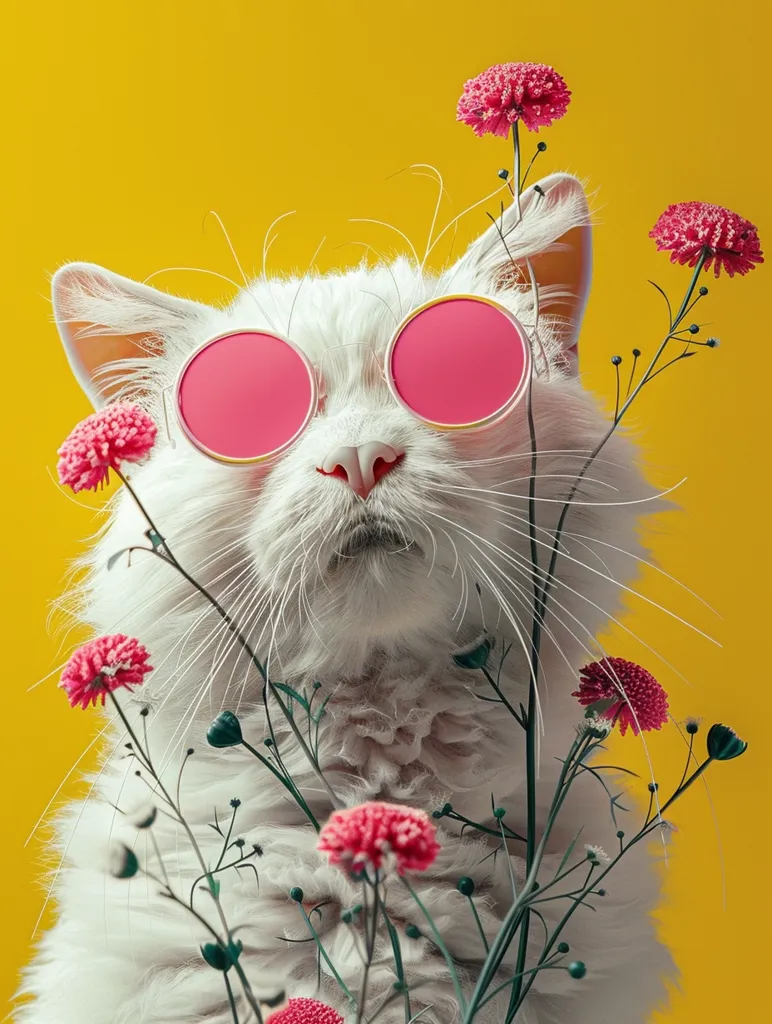 A white cat with pink round sunglasses is surrounded by pink flowers against a bright yellow background. The cat has a fluffy coat and long whiskers. The image is a whimsical and colorful portrait of a cat.  The flowers are a mix of shapes and sizes and add a touch of softness to the image. The overall mood of the image is playful and fun.