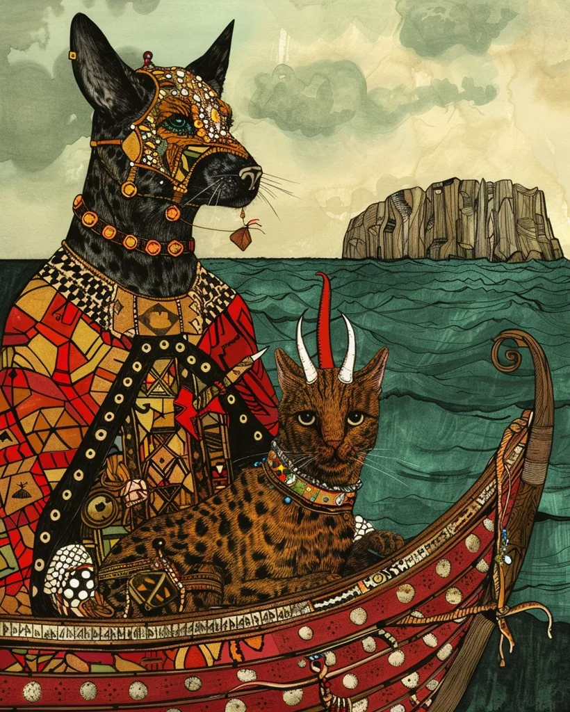 An anthropomorphic black dog with a gold mask and jewelry sits in the front of a boat decorated with ornate patterns and shells. A spotted cat with horns and a jewel-encrusted collar sits beside the dog. The boat is sailing past a rocky island, and the background is a watercolor sky and ocean.