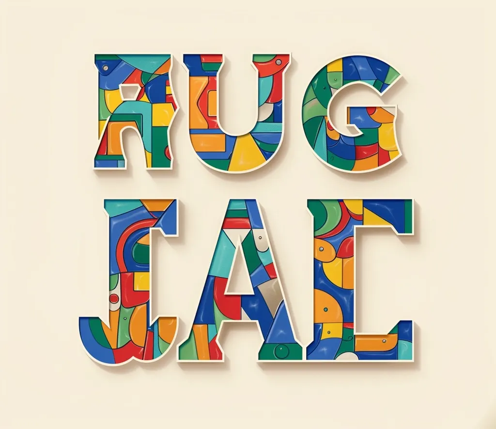 The image displays the word "RUGAL" in bold white letters. Each letter is filled with a vibrant pattern of different colored shapes and designs, creating a dynamic and playful visual. The background is a simple off-white, allowing the colorful letters to stand out. The overall effect is eye-catching and visually appealing.