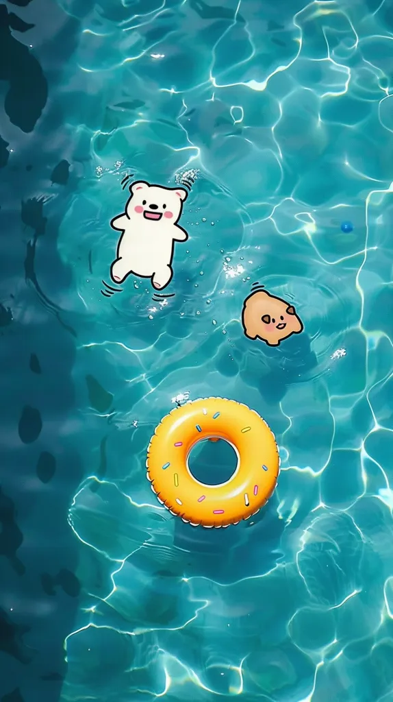 The image shows a pool with sparkling, turquoise water. A white bear and a brown dog float on top, while a yellow inflatable donut ring floats in the center of the pool. The scene evokes a sense of summer fun and relaxation.