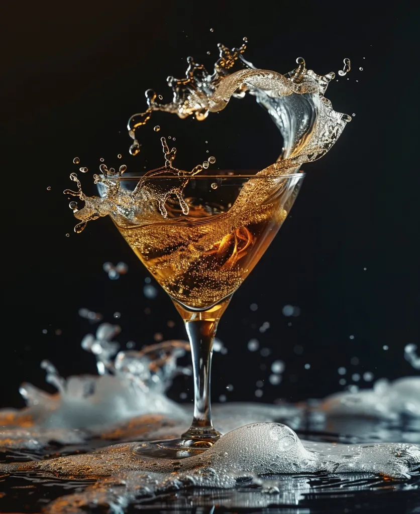 A martini glass filled with golden liquid is shown with a large splash of liquid in the air above it. The liquid is frozen in mid-air, creating a dramatic, artistic effect. The glass sits on a dark surface covered in a layer of foamy bubbles. The background is black.  The image suggests movement and energy, captured at a specific moment in time.