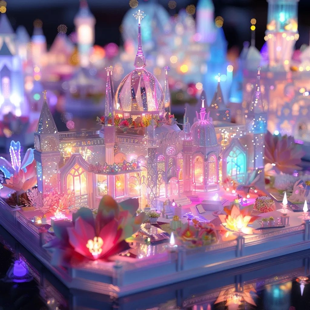 A miniature castle made of white and transparent material, illuminated by warm lights. It features intricate details, including spires, windows, and a large central dome. The castle is surrounded by pink flowers and a reflective surface, creating a whimsical and enchanting scene.