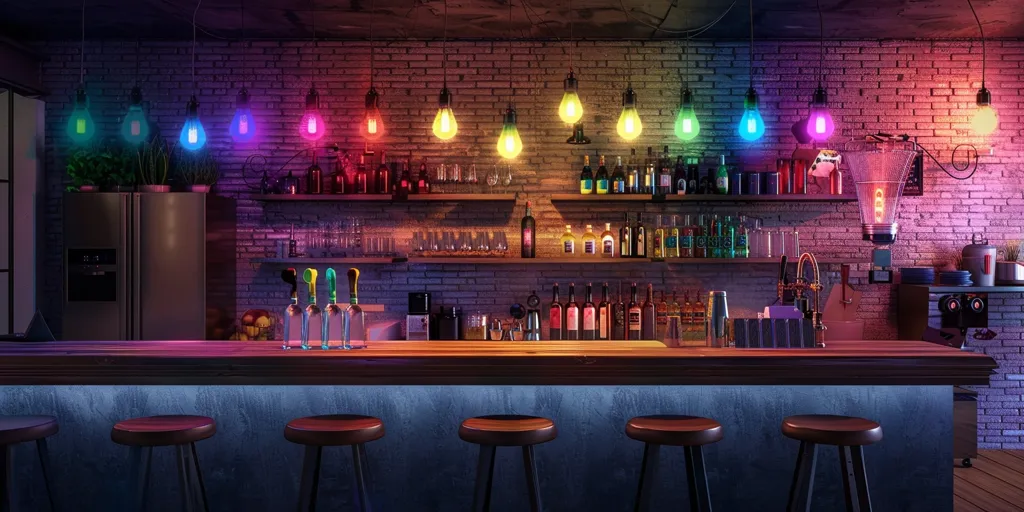 The image depicts a dimly lit bar with a brick wall behind the counter and a long wooden counter in the foreground. The bar is decorated with colorful light bulbs hanging from the ceiling, casting a vibrant glow. There are bottles of liquor on shelves behind the counter and bar stools lined up in front of it. The image creates a cozy and inviting atmosphere, perfect for enjoying a drink and socializing.