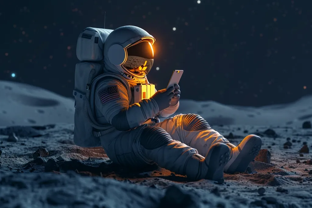 An astronaut in a white spacesuit sits on the surface of the moon, illuminated by the light of a nearby star. The astronaut is using a smartphone, seemingly oblivious to the vast and silent lunar landscape.  A small American flag is visible on the astronaut's suit, adding a touch of earthly patriotism to this cosmic scene. The image evokes a sense of isolation and the contrast between the immensity of space and the everyday act of using a mobile device.