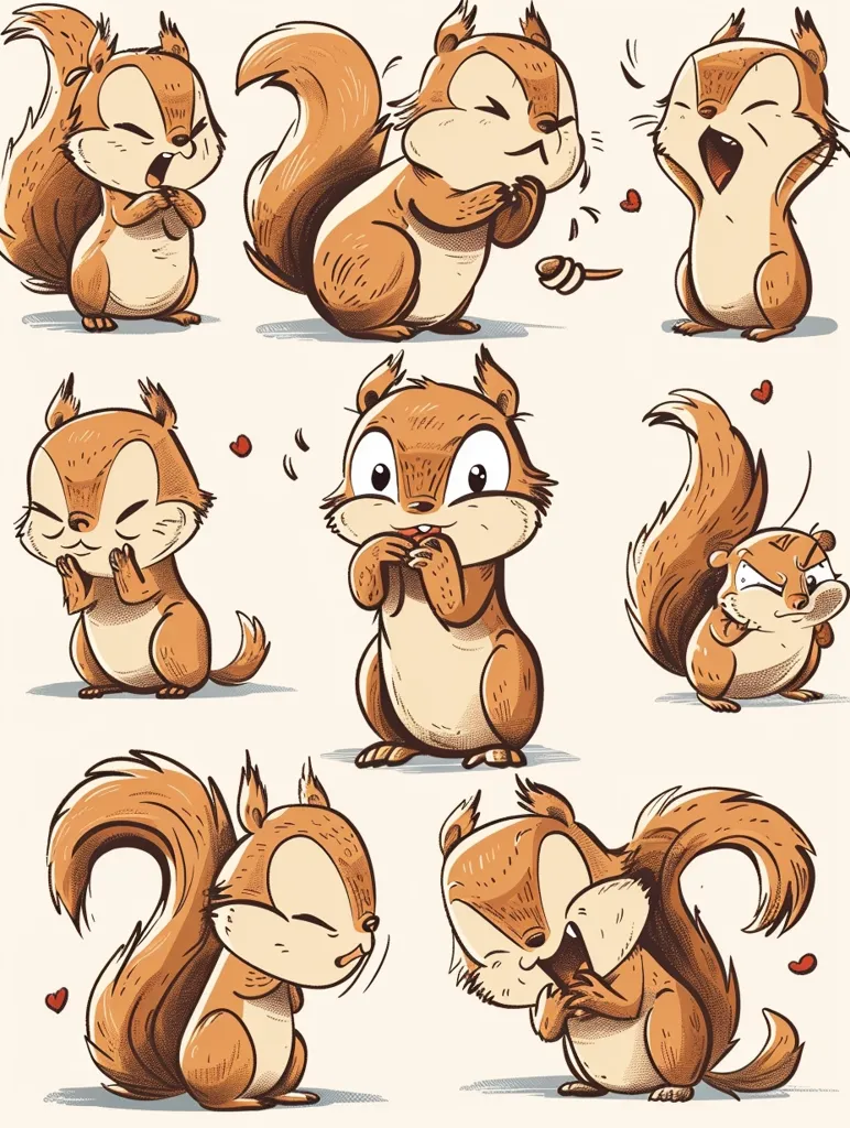 The image features eight cartoon squirrels in various poses and expressions. Some are standing, others are sitting, and some are running. They are all drawn in a cute and whimsical style with big eyes, fluffy tails, and expressive faces. The squirrels are surrounded by hearts and other small details, adding to the playful and charming atmosphere of the image.