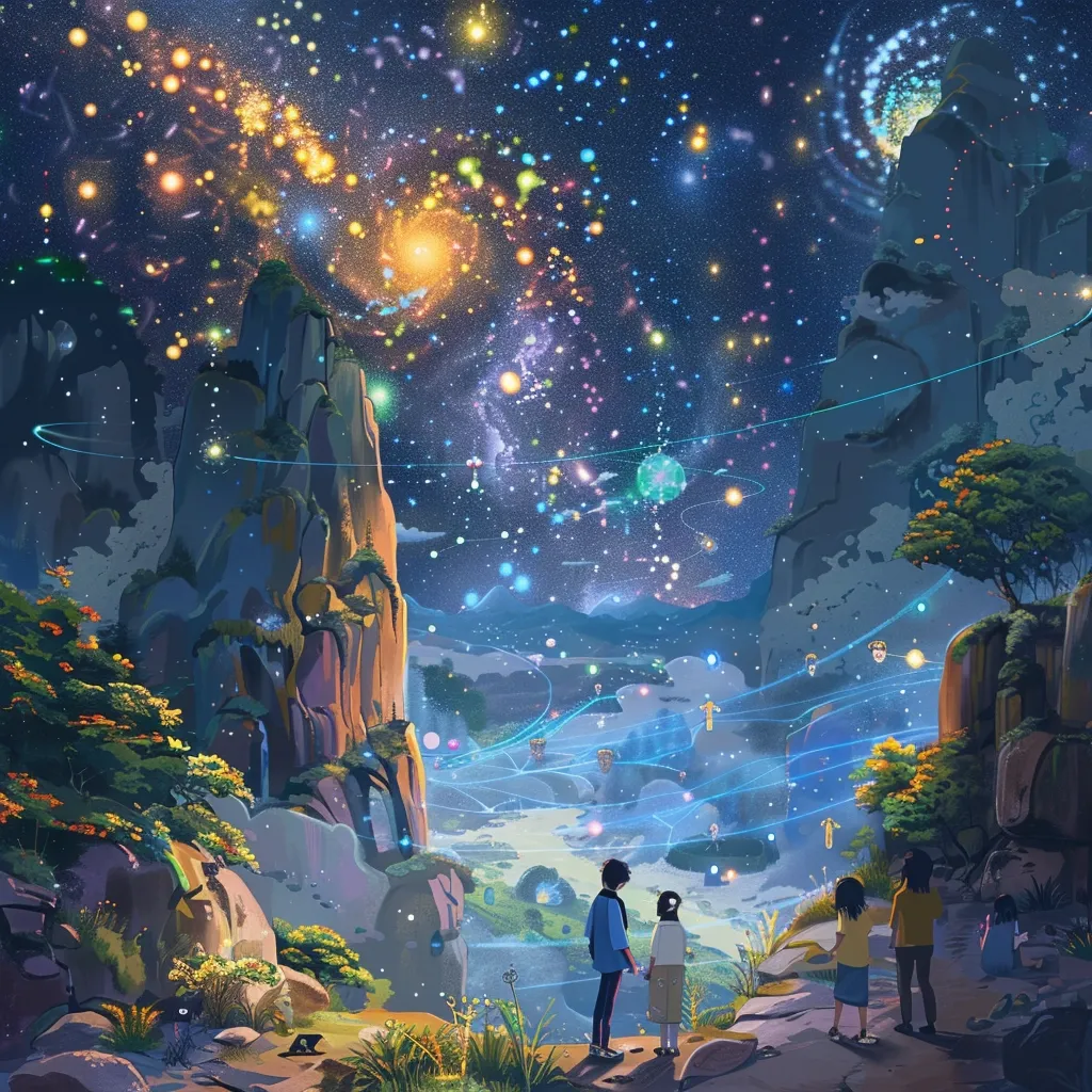 The image depicts a fantastical landscape bathed in the glow of a starry night sky.  A luminous galaxy swirls overhead, while other celestial bodies sparkle and shimmer. In the foreground, three figures stand on a rocky cliff, gazing out at the magnificent scene. The landscape is filled with colorful lights and intricate pathways that wind through a series of mountains and valleys, creating an ethereal and dreamlike atmosphere.  A whimsical sense of wonder permeates the scene, inviting the viewer to escape into a realm of magic and possibility.