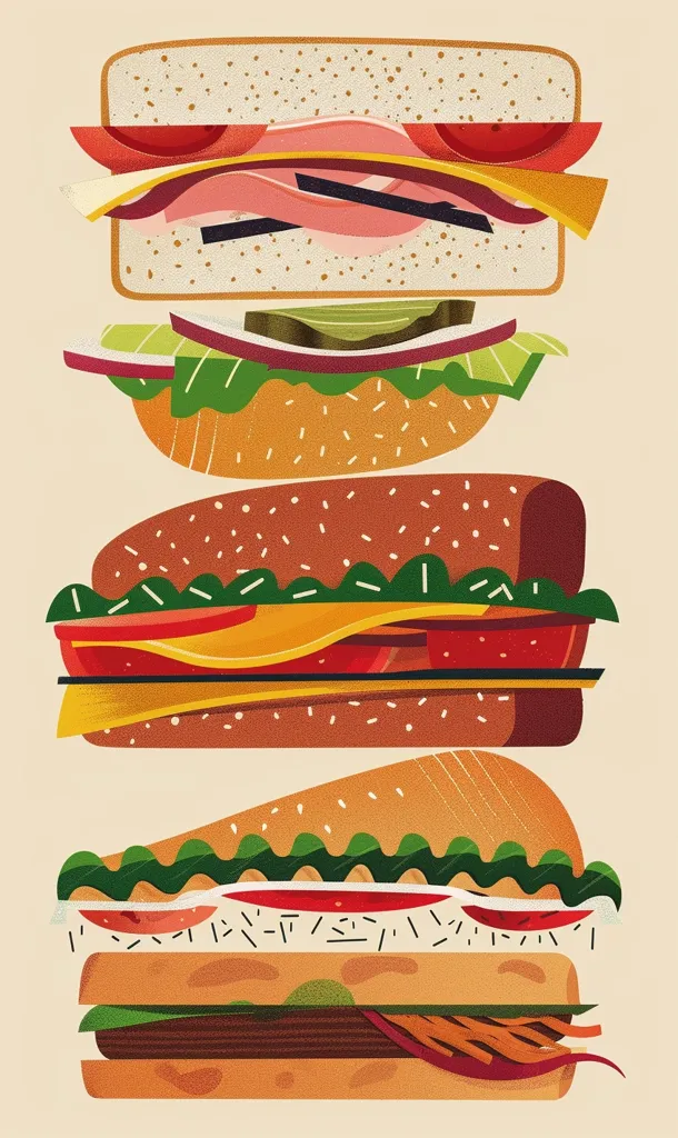 The image shows three stacked sandwiches. Each sandwich features different fillings: the top one has ham, cheese, tomato and lettuce; the middle one has cheese, tomato, lettuce, and a brown filling; the bottom one has lettuce, tomato, a brown filling and red filling. All three sandwiches have a light brown bread.  The sandwiches are stacked on top of each other, creating a tall and delicious-looking tower.