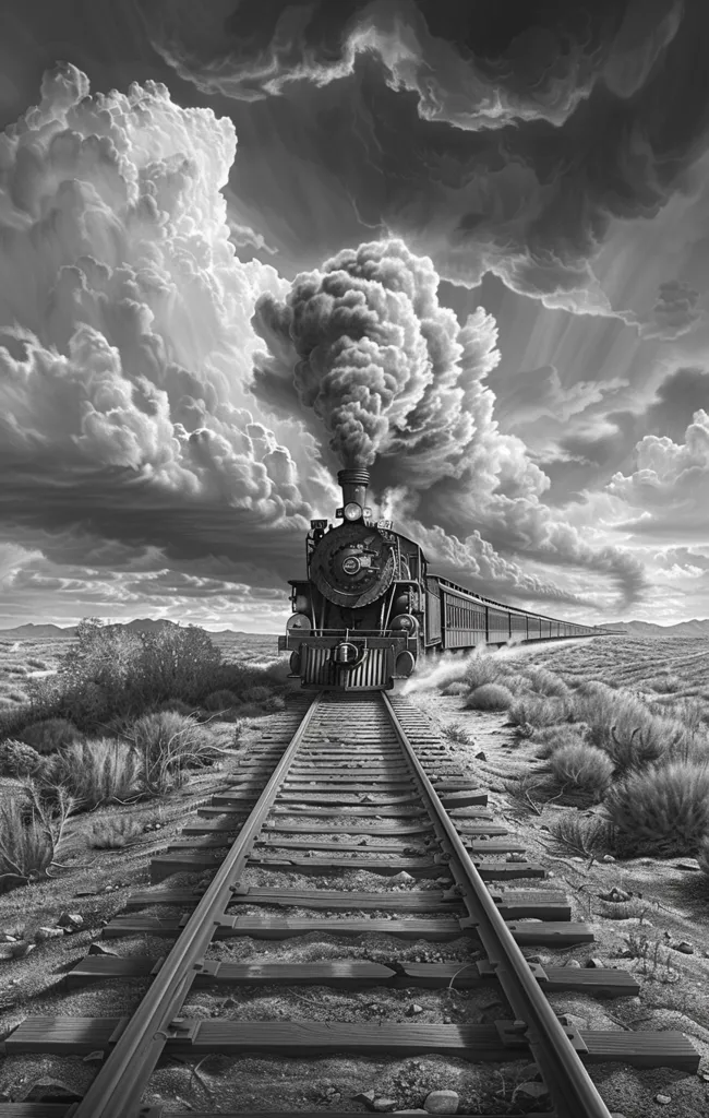 A vintage steam locomotive chugs along a deserted railway track, leaving behind a trail of smoke that dissipates into a dramatic, cloudy sky. The scene is rendered in shades of gray, highlighting the stark beauty of the desolate landscape and the powerful presence of the train. The image evokes a sense of timelessness and a bygone era.