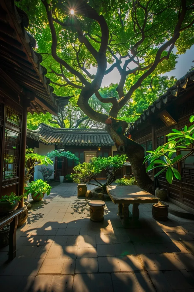 A serene courtyard in a traditional Chinese building, featuring a large tree casting dappled sunlight on the stone patio. The tree's branches reach towards the sky, creating a canopy of green leaves above the wooden structures. A stone table and stools sit in the dappled light, inviting quiet contemplation.