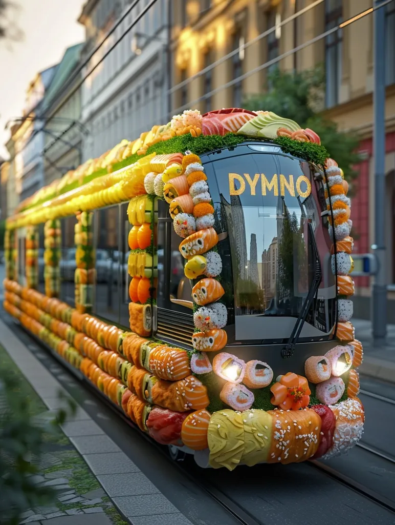 A black tram is covered entirely in sushi and other Japanese food. The tram is parked on a street with buildings in the background. The front of the tram has a sign that says "DYMNO." The tram is a creative and colorful display of Japanese cuisine.