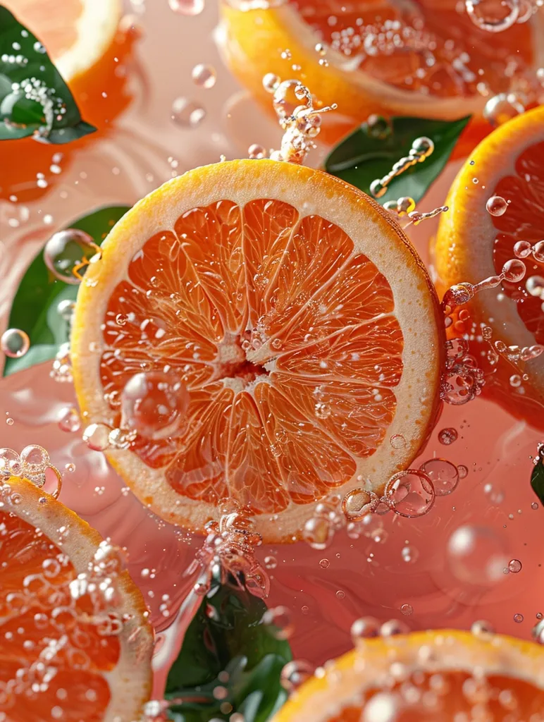 A close-up shot of juicy orange slices submerged in water. The vibrant orange flesh and the bubbles surrounding them create a refreshing and summery feel. The image captures the essence of citrus fruits with a focus on their natural beauty.