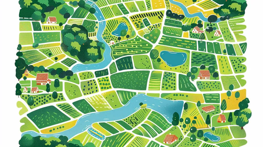 The image is a colorful, stylized map of a rural area. It features winding roads, green fields, small houses, and a river snaking through the landscape. The illustration is full of detail, including trees, flowers, and other small touches. It evokes a sense of peace and tranquility.
